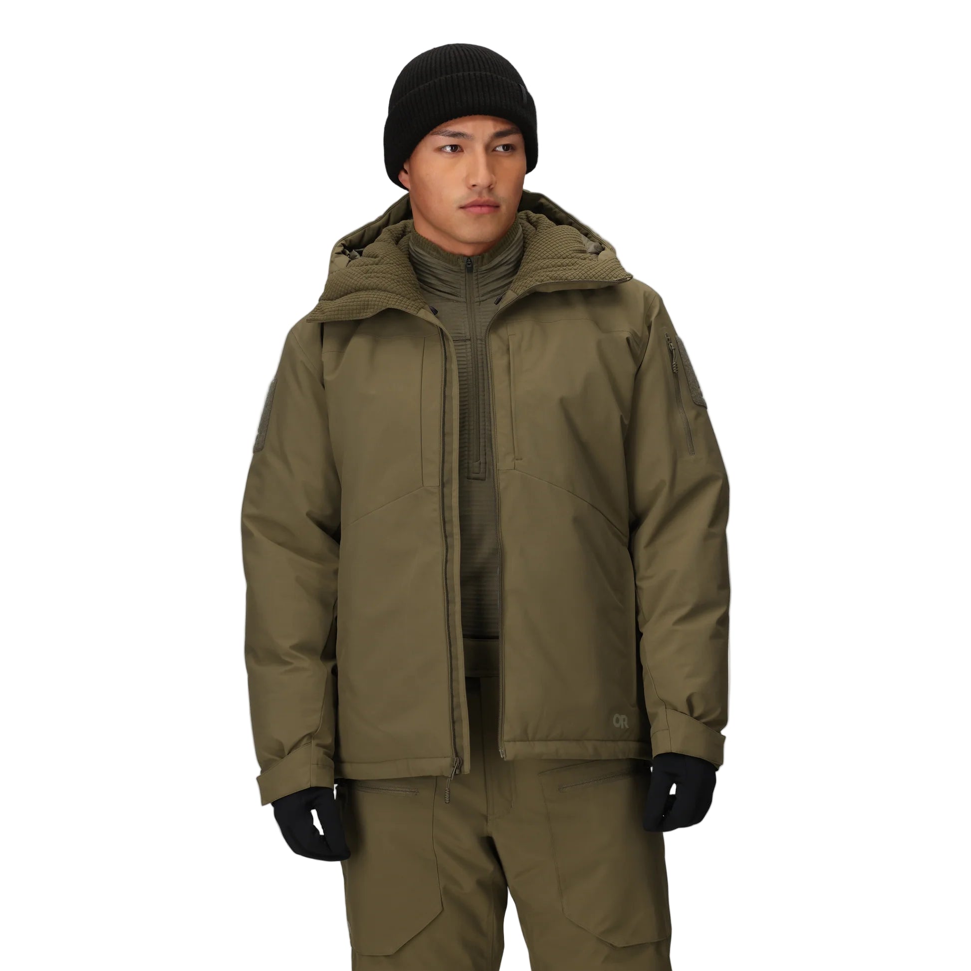 Outdoor Research Allies Colossus II Parka in Ranger Green shown unzipped on a model, revealing insulated interior, fleece-lined draft collar, and breathable weatherproof performance.