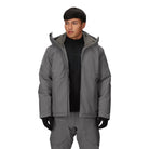 Outdoor Research Allies Colossus II Parka in Wolf Grey shown unzipped on a model, highlighting fleece-lined interior, insulated design, and breathable waterproof construction.