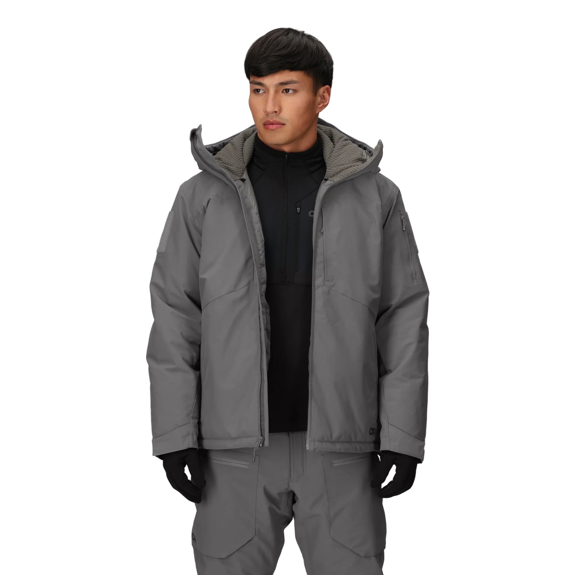 Outdoor Research Allies Colossus II Parka in Wolf Grey shown unzipped on a model, highlighting fleece-lined interior, insulated design, and breathable waterproof construction.