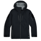 Outdoor Research Allies Mountain II Jacket in Black showing the AscentShell waterproof construction, ultra durable Cordura ripstop shell, helmet compatible hood, and articulated combat fit built for military, law enforcement, and alpine professionals needing extreme weather protection.