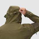 Close up of the Outdoor Research Allies Mountain II Jacket in Ranger Green showing the rear hood cinch adjustment, highlighting the helmet compatible hood design, AscentShell waterproof construction, and Cordura ripstop durability built for military, law enforcement, and alpine professionals needing secure weather protection in extreme conditions.
