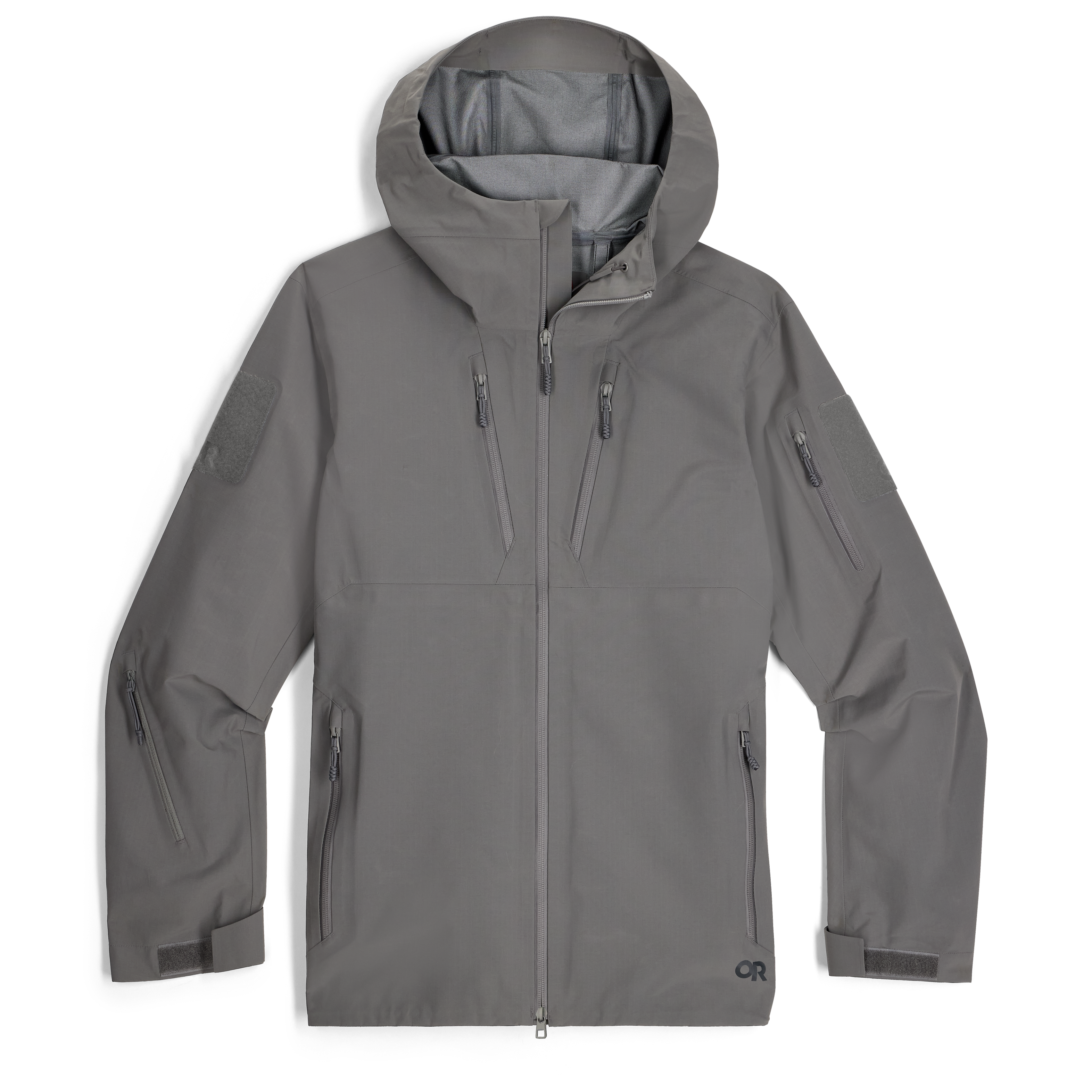 Product shot of the Outdoor Research Allies Mountain II Jacket in Wolf Grey showing the AscentShell waterproof tactical construction, Cordura ripstop durability, helmet compatible hood, and articulated combat fit built for military, law enforcement, and alpine professionals operating in extreme weather conditions.