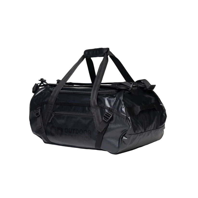 Outdoor Research CarryOut Duffel 40L in Black side view shown as a traditional duffel | Durable PU coated 420D ripstop nylon bag with dual carry handles compression straps external zip pocket and dirty clean gear divider — best 40 liter tactical duffel for travel missions and outdoor gear storage
