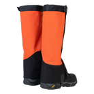 Back view of Outdoor Research Crocodile Gaiters in black and spice, showing reinforced rear panels, TPU instep straps, and secure camlock closure designed for alpine, snow, and rugged mountain terrain.