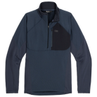 Product shot of the Outdoor Research Deviator Fleece Half Zip in Atlantic deep navy, built with VerticalX™ Octa insulation, breathable fleece, and stretch panels for active cold-weather use.