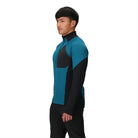Three-quarter side view of the Outdoor Research Deviator Fleece Half Zip in Aurora teal and black colorblock, showing athletic fit, insulated front, and stretch side panels for comfort and breathability.