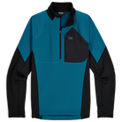 Product shot of the Outdoor Research Deviator Fleece Half Zip in Aurora teal and black colorblock, featuring VerticalX™ Octa insulation, stretch panels, and breathable fleece hybrid design for active cold-weather performance.