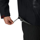 Outdoor Research Foray 3L Rain Jacket detail showing adjustable drawcord hem cinched for a snug fit that reduces excess fabric and seals out weather | Lightweight breathable 3 layer waterproof hiking shell with AscentShell Dry membrane TorsoFlo side vents and recycled nylon — best rain jacket with cinch hem for trekking climbing and outdoor use