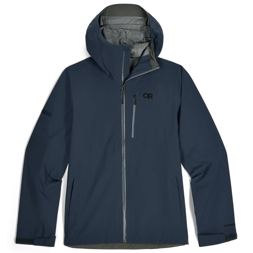 Outdoor Research Foray 3L Rain Jacket in Atlantic deep blue product shot | Sustainable 3 layer waterproof shell with AscentShell Dry membrane TorsoFlo side vents and recycled nylon — best lightweight rain jacket for hiking mountain adventures and everyday wet weather protection