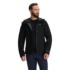 Outdoor Research Foray 3L Rain Jacket in Black shown unzipped on model | Lightweight waterproof breathable hiking shell with recycled nylon TorsoFlo side venting and AscentShell Dry technology — best sustainable rain jacket for climbing trekking and everyday wet weather wear