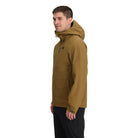 Outdoor Research Foray 3L Rain Jacket in Coyote 3/4 side view on model | Breathable 3 layer waterproof hiking shell with AscentShell Dry membrane TorsoFlo side vents and sustainable recycled nylon — best rain jacket for mountaineering patrols and everyday wet weather wear