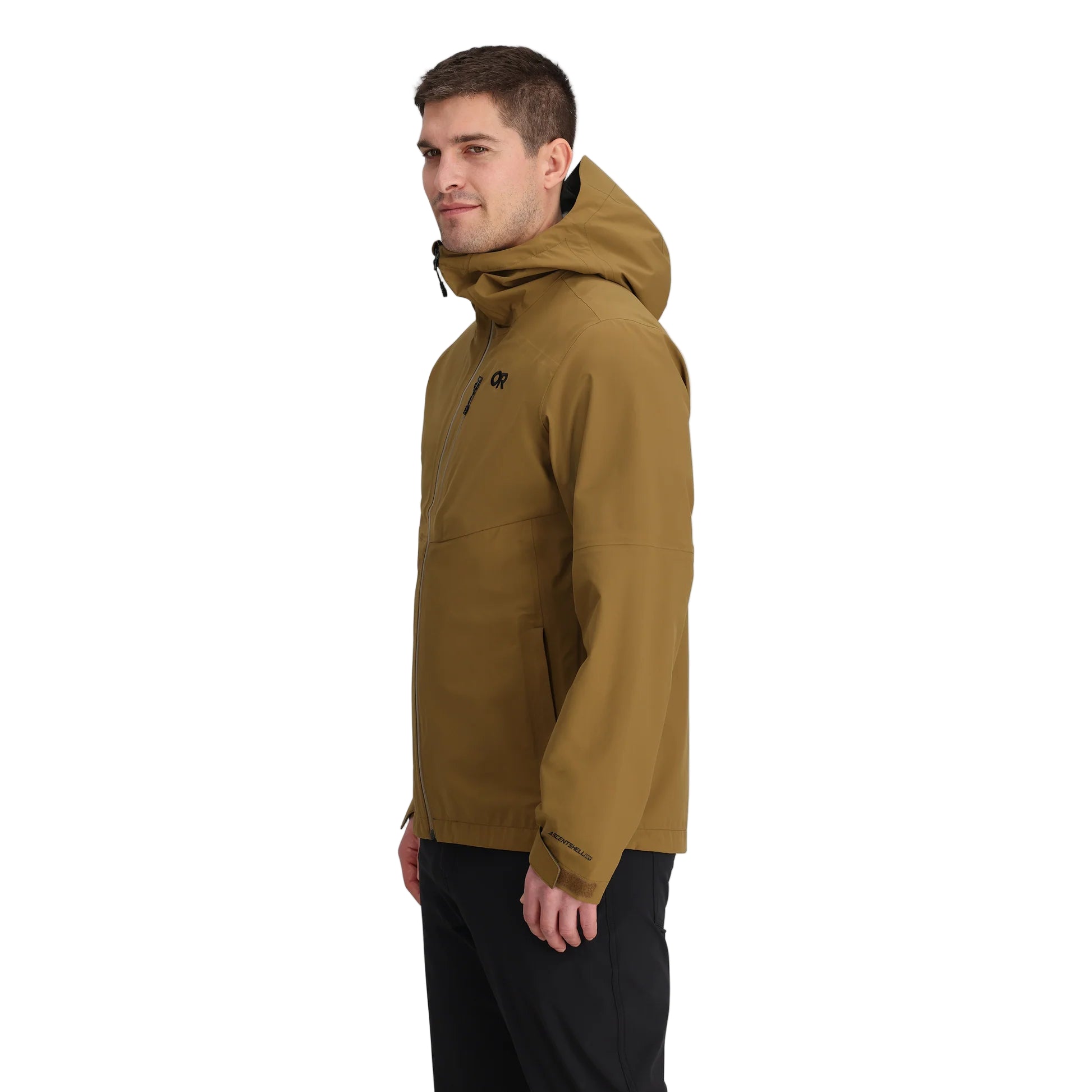 Outdoor Research Foray 3L Rain Jacket in Coyote 3/4 side view on model | Breathable 3 layer waterproof hiking shell with AscentShell Dry membrane TorsoFlo side vents and sustainable recycled nylon — best rain jacket for mountaineering patrols and everyday wet weather wear