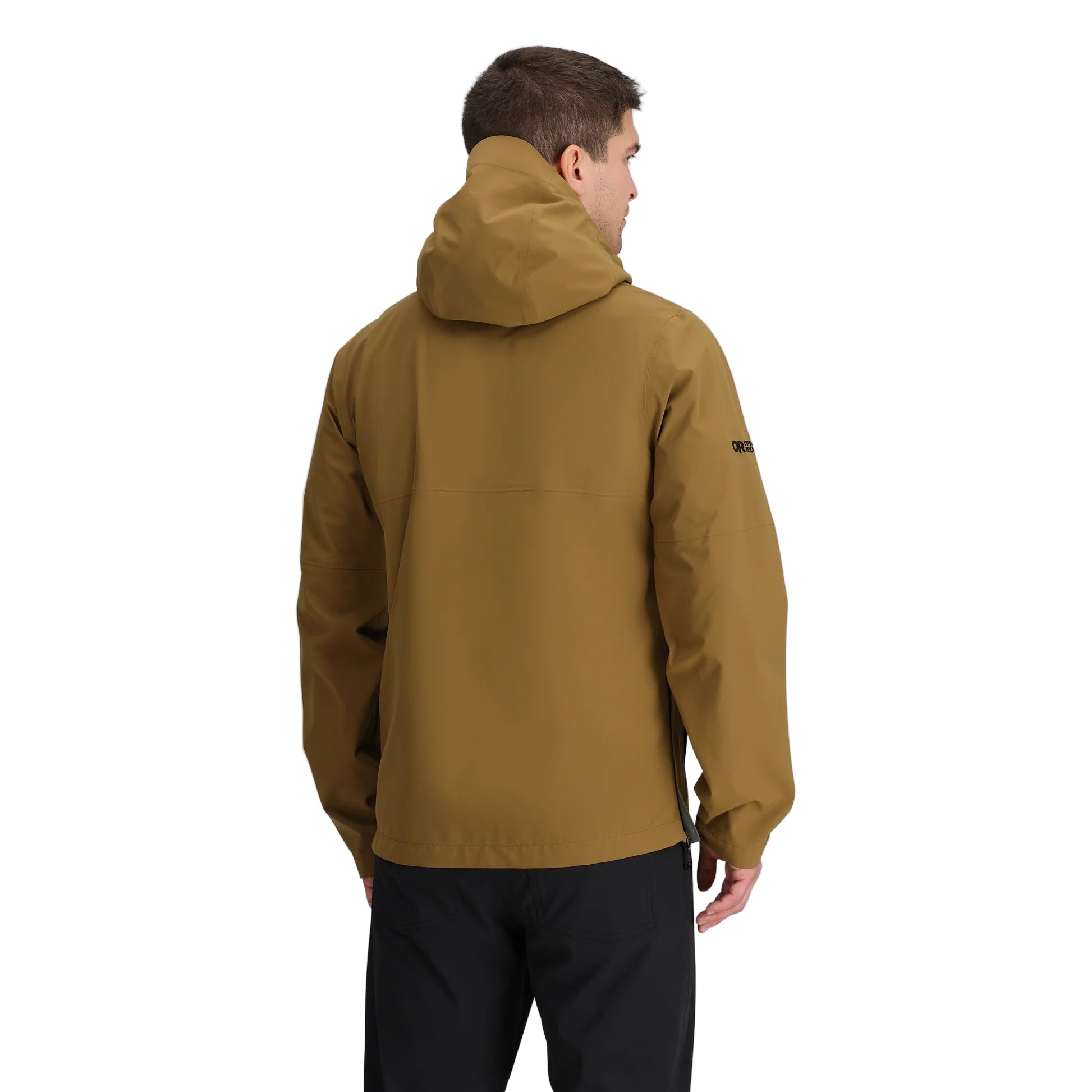 Outdoor Research Foray 3L Rain Jacket in Coyote back view on model | Lightweight waterproof breathable hiking shell made with recycled nylon and Nikwax Direct Dry finish — best sustainable rain jacket for trekking tactical operators and all weather outdoor protection