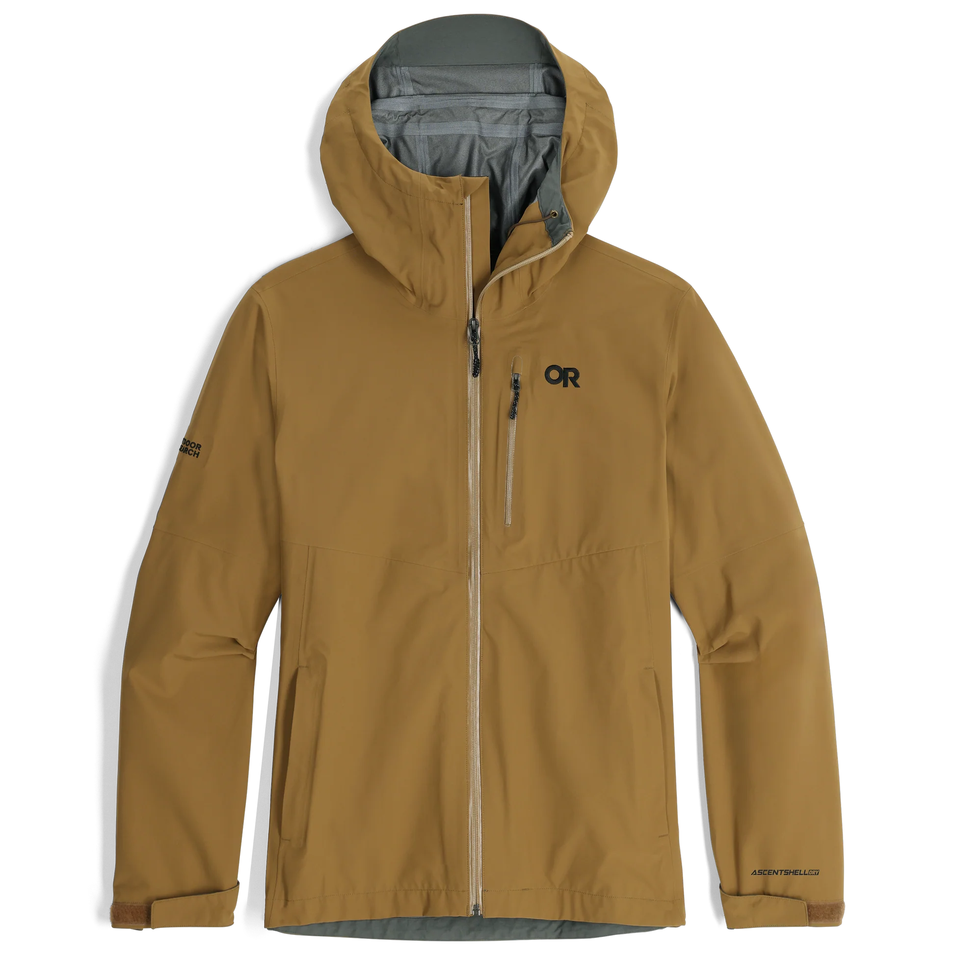 Outdoor Research Foray 3L Rain Jacket in Coyote product shot | Lightweight 3 layer waterproof breathable shell with AscentShell Dry membrane TorsoFlo side vents and recycled nylon — best sustainable rain jacket for hiking trekking tactical use and wet weather protection