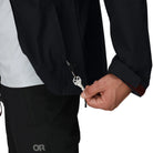 Outdoor Research Foray 3L Rain Jacket hand pocket detail showing hidden key clip for secure storage of keys and valuables | Lightweight waterproof breathable 3 layer hiking shell with recycled nylon AscentShell Dry membrane and TorsoFlo venting — best rain jacket with key clip pocket for hiking trekking and outdoor travel