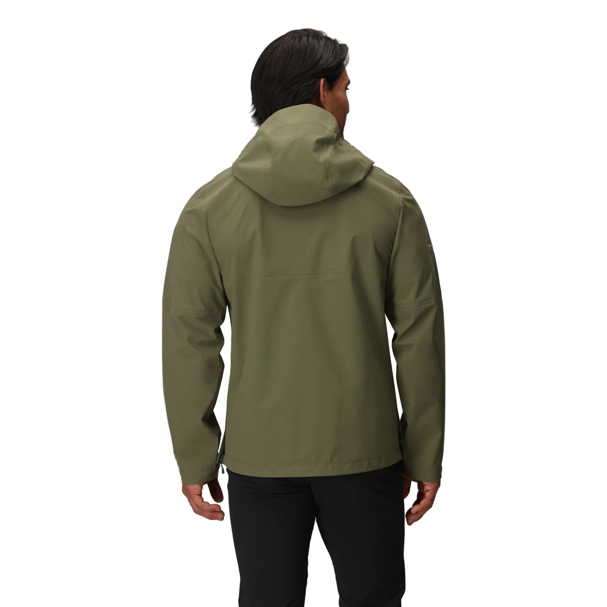 Outdoor Research Foray 3L Rain Jacket in Ranger Green back view on model | Sustainable waterproof breathable rain shell made with recycled nylon and Nikwax Direct Dry finish — best tactical waterproof jacket for hiking trekking and wet weather field operations
