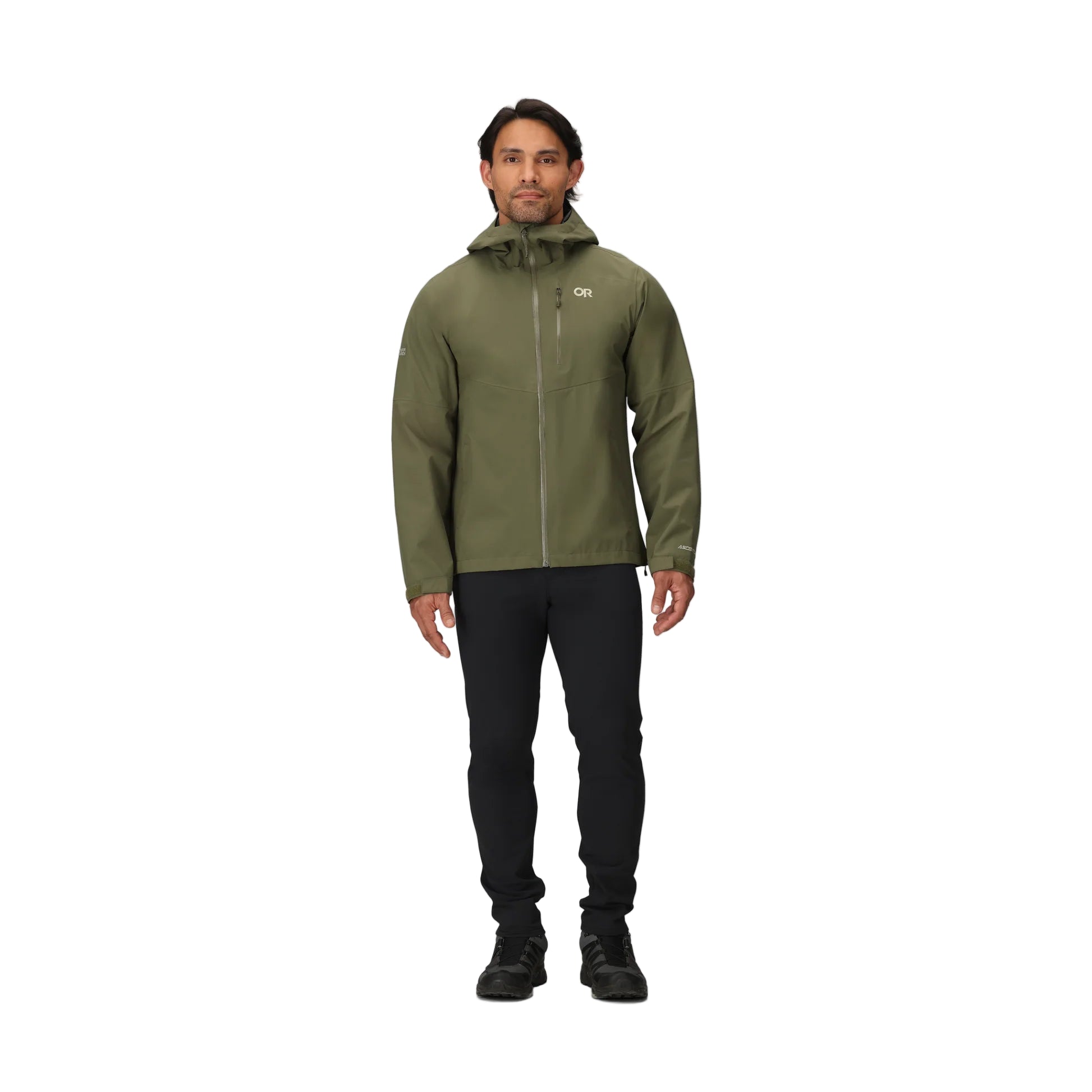Outdoor Research Foray 3L Rain Jacket in Ranger Green full body shot on model | Breathable 3 layer waterproof shell with AscentShell Dry membrane TorsoFlo venting and tactical style Ranger Green finish — best lightweight sustainable rain jacket for hiking field use and outdoor adventures