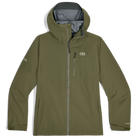 Outdoor Research Foray 3L Rain Jacket in Ranger Green product shot | Durable 3 layer waterproof breathable shell with AscentShell Dry membrane TorsoFlo venting and recycled nylon — best tactical style rain jacket for hiking missions and wet weather use