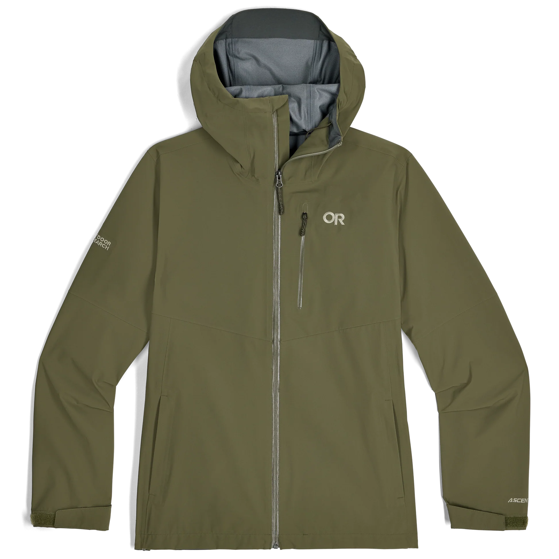 Outdoor Research Foray 3L Rain Jacket in Ranger Green product shot | Durable 3 layer waterproof breathable shell with AscentShell Dry membrane TorsoFlo venting and recycled nylon — best tactical style rain jacket for hiking missions and wet weather use