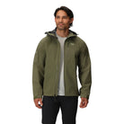 Outdoor Research Foray 3L Rain Jacket in Ranger Green shown unzipped on model | Lightweight tactical rain jacket with recycled nylon AscentShell Dry technology and TorsoFlo ventilation — best waterproof jacket for hiking backpacking and wet weather patrols