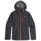 Outdoor Research Foray 3L Rain Jacket in Storm charcoal with red zipper accents product shot | Durable 3 layer waterproof breathable shell with recycled nylon and TorsoFlo side vents — best hiking rain jacket for wet weather and mountain trails