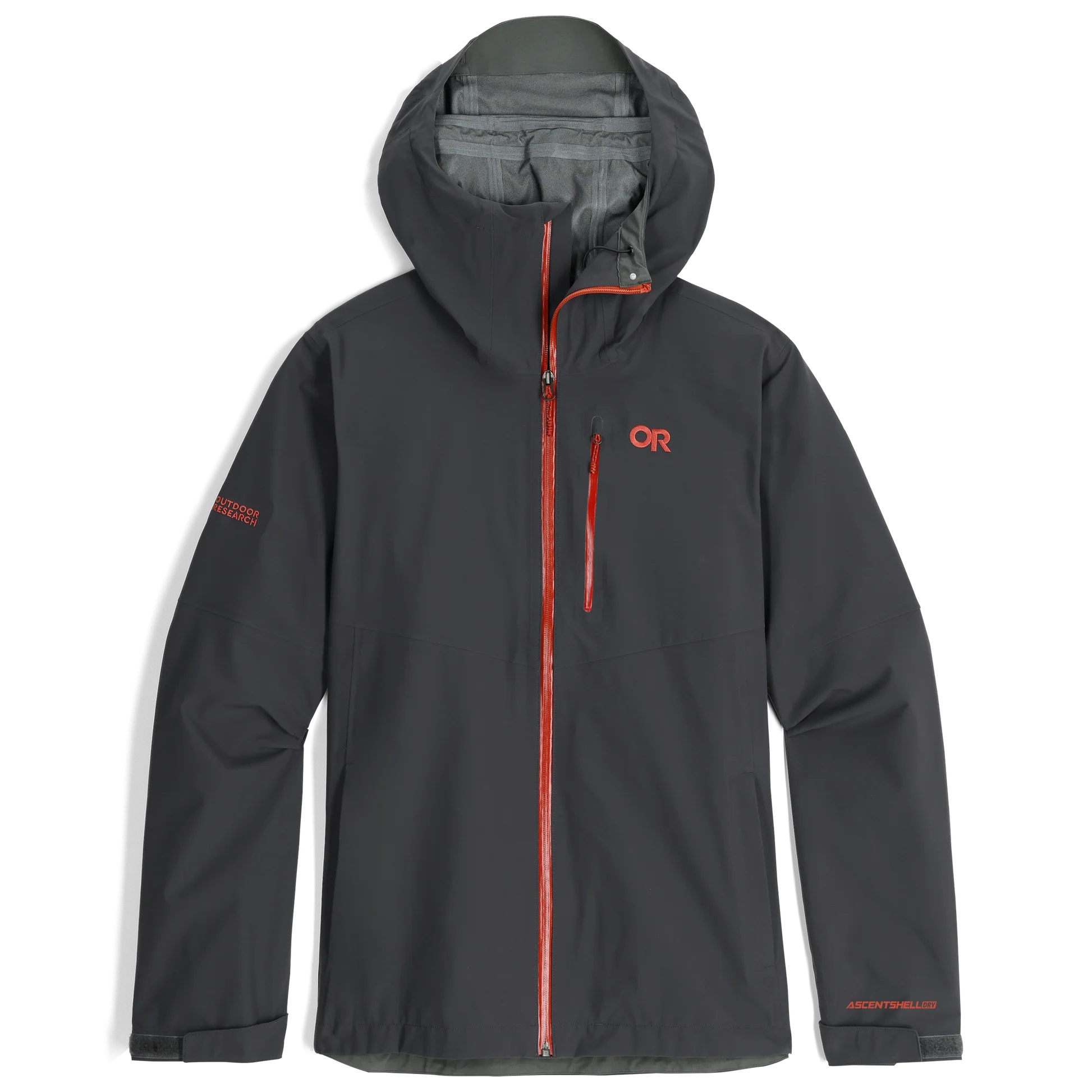 Outdoor Research Foray 3L Rain Jacket in Storm charcoal with red zipper accents product shot | Durable 3 layer waterproof breathable shell with recycled nylon and TorsoFlo side vents — best hiking rain jacket for wet weather and mountain trails
