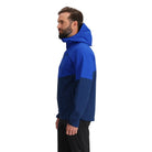 Outdoor Research Foray 3L Rain Jacket in Topaz Cenote navy and bright blue 3/4 side view on model | Breathable waterproof hiking shell with AscentShell Dry membrane TorsoFlo side vents and recycled nylon — best lightweight rain jacket for mountaineering outdoor use and city wear