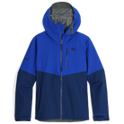 Outdoor Research Foray 3L Rain Jacket in Topaz Cenote two-tone navy and bright royal blue product shot | Lightweight 3 layer waterproof breathable rain shell with AscentShell Dry membrane TorsoFlo side vents and recycled nylon — best colorblock blue rain jacket for hiking and travel