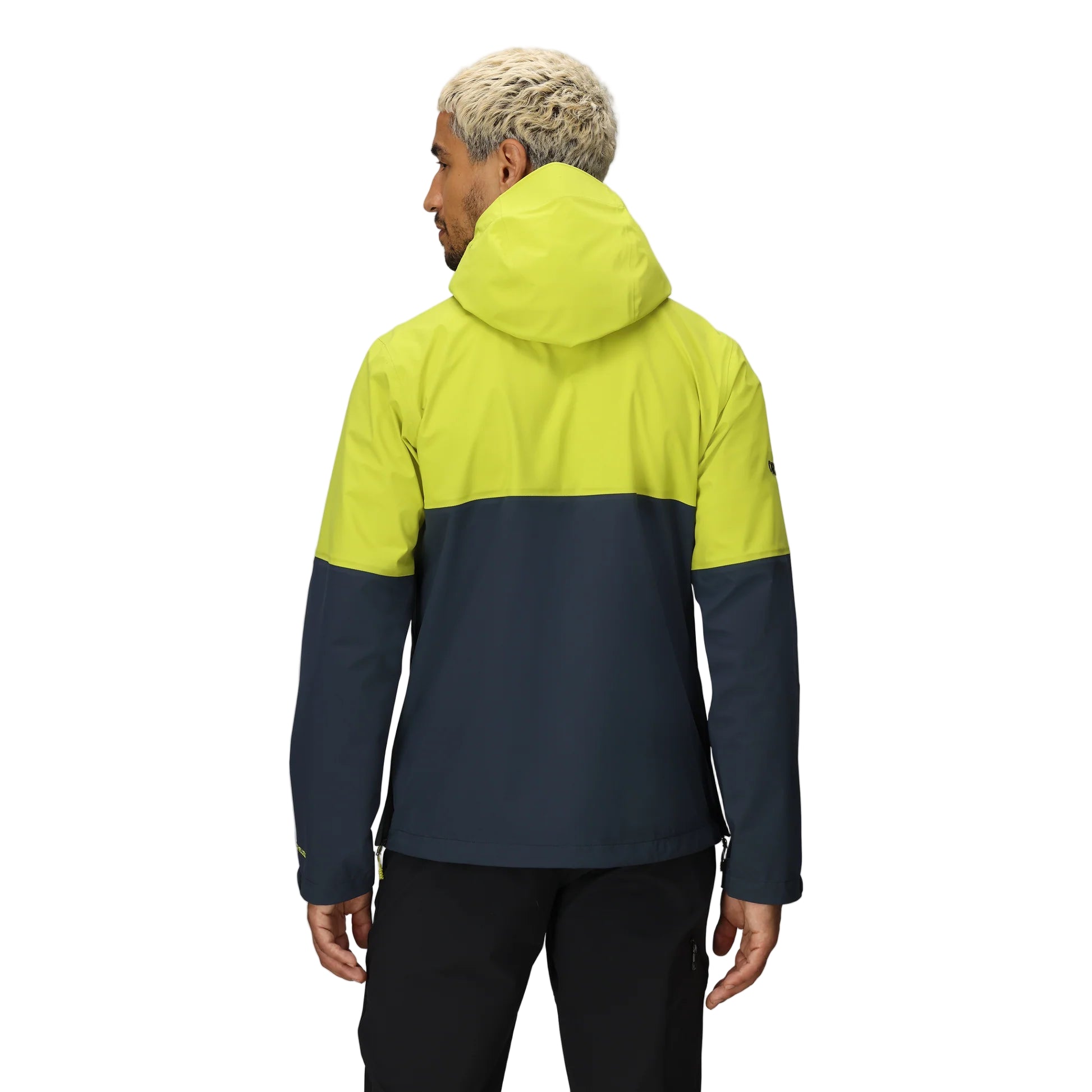 Outdoor Research Foray 3L Rain Jacket in Viper Atlantic navy and neon yellow back view on model | Sustainable waterproof breathable shell with recycled nylon and Nikwax Direct Dry finish — best hiking rain jacket for trekking mountaineering and urban wet weather protection