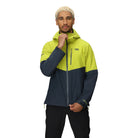 Outdoor Research Foray 3L Rain Jacket in Viper Atlantic navy and bright yellow front view on model | Lightweight waterproof breathable shell with AscentShell Dry membrane and TorsoFlo venting — best rain jacket for hiking backpacking and outdoor adventures in wet weather