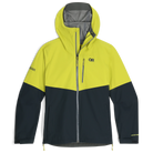 Outdoor Research Foray 3L Rain Jacket in Viper Atlantic colorblock navy and highlighter yellow product shot | 3 layer waterproof breathable rain shell with recycled nylon AscentShell Dry membrane and TorsoFlo side vents — best colorblock hiking rain jacket for wet weather and outdoor use