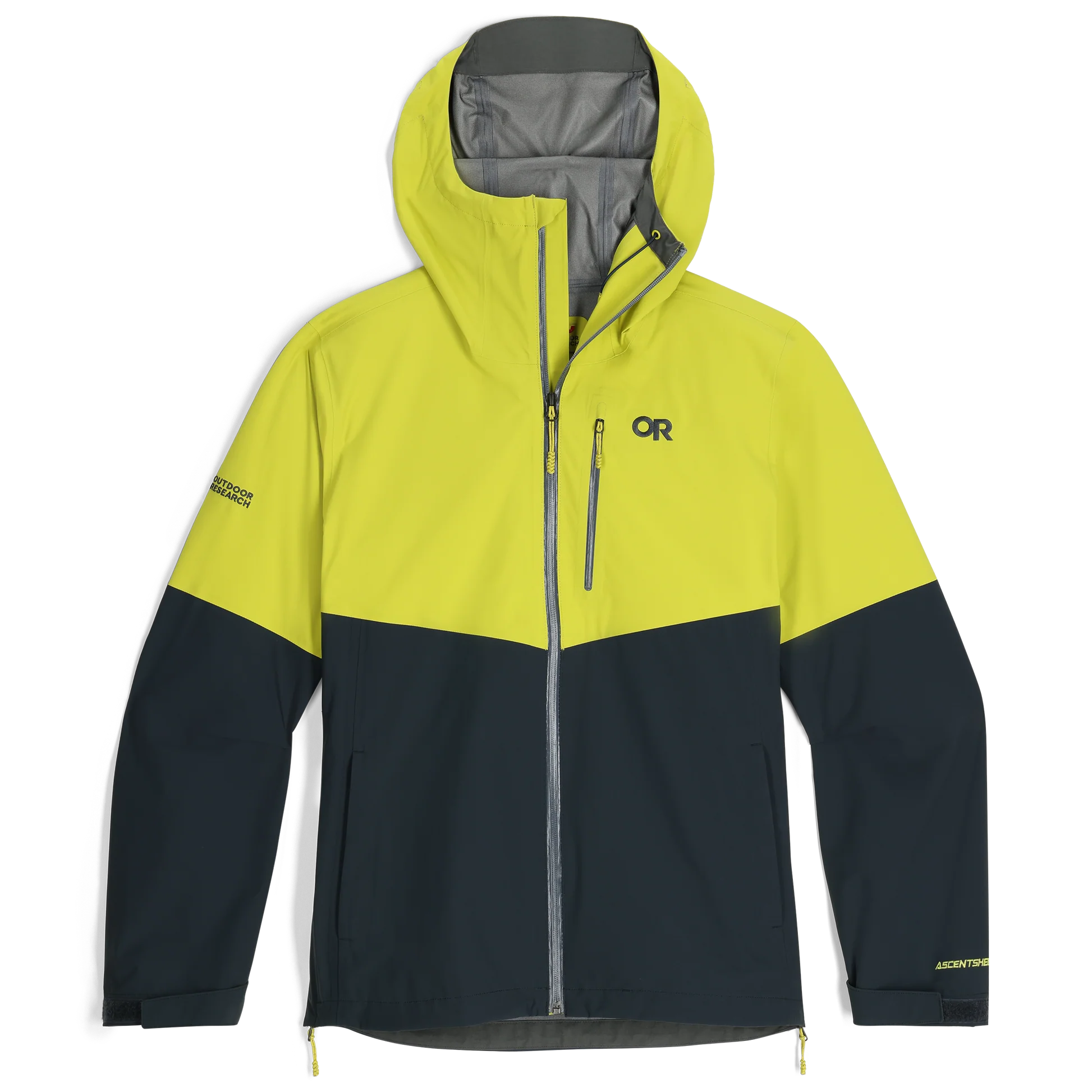 Outdoor Research Foray 3L Rain Jacket in Viper Atlantic colorblock navy and highlighter yellow product shot | 3 layer waterproof breathable rain shell with recycled nylon AscentShell Dry membrane and TorsoFlo side vents — best colorblock hiking rain jacket for wet weather and outdoor use