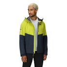 Outdoor Research Foray 3L Rain Jacket in Viper Atlantic navy and neon yellow shown unzipped on model | Lightweight waterproof hiking jacket with AscentShell Dry membrane recycled nylon and TorsoFlo side venting — best versatile rain shell for climbing trekking and everyday wear