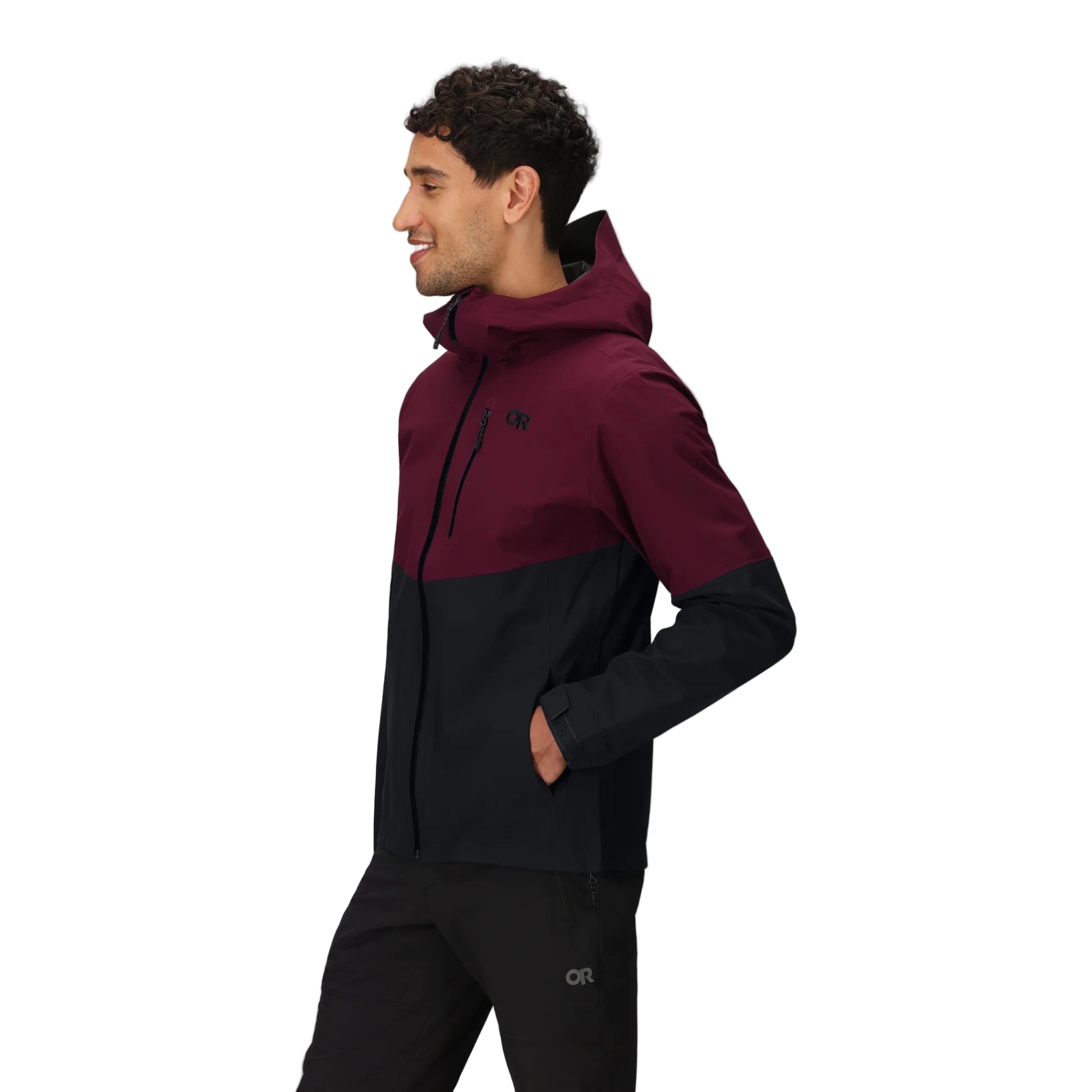 Outdoor Research Foray 3L Rain Jacket in Winterberry maroon and Black colorblock 3/4 side view on model | Lightweight waterproof hiking jacket with AscentShell Dry membrane TorsoFlo side vents and recycled nylon — best maroon and black rain jacket for mountaineering climbing and city wear