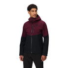 Outdoor Research Foray 3L Rain Jacket in Winterberry maroon and Black colorblock front view on model | Waterproof breathable hiking shell with AscentShell Dry technology TorsoFlo ventilation and recycled nylon — best maroon rain jacket for trekking mountaineering and outdoor use