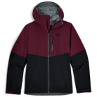 Outdoor Research Foray 3L Rain Jacket in Winterberry and Black colorblock product shot | Lightweight 3 layer waterproof breathable shell with AscentShell Dry membrane TorsoFlo side vents and recycled nylon — best maroon and black hiking rain jacket for wet weather adventures