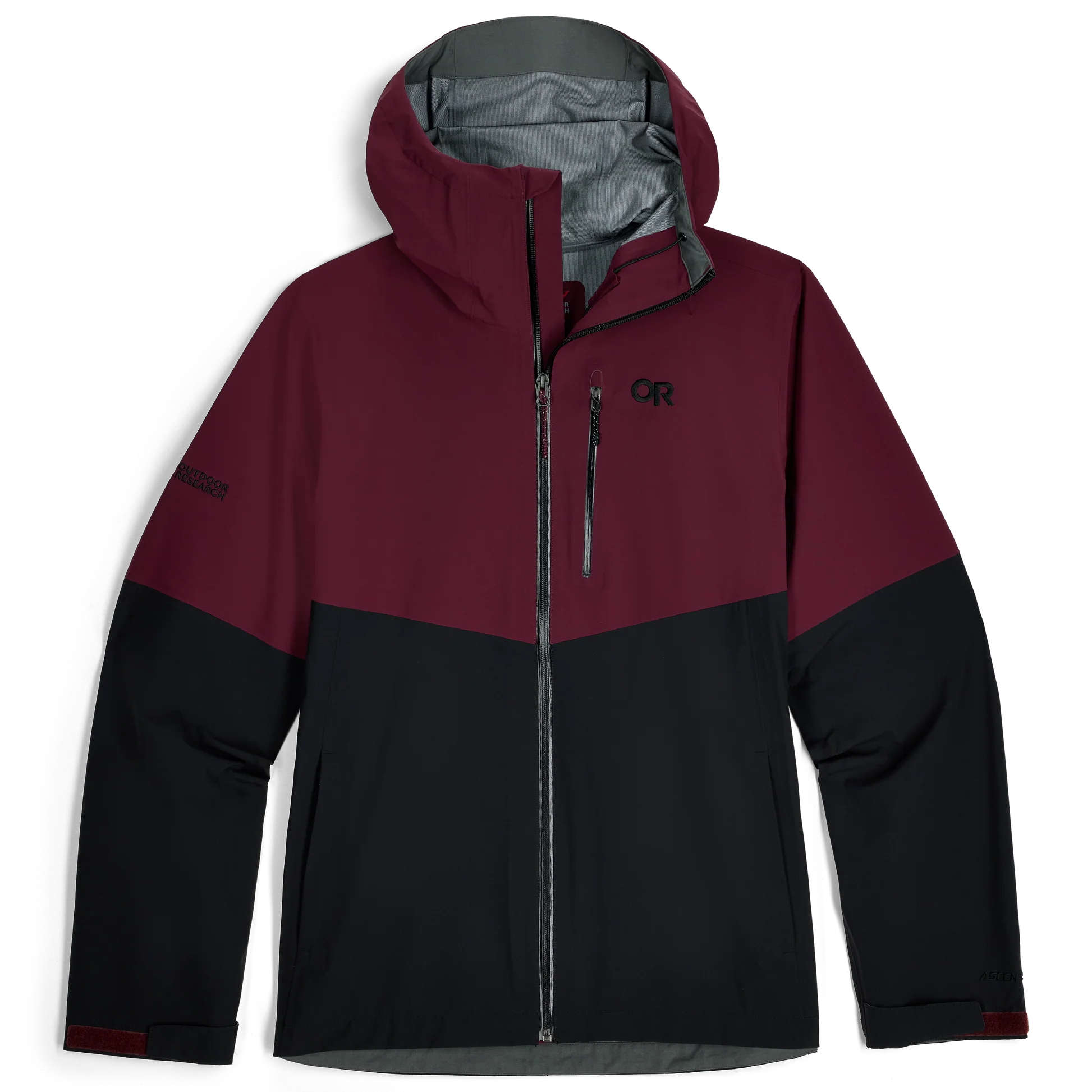 Outdoor Research Foray 3L Rain Jacket in Winterberry and Black colorblock product shot | Lightweight 3 layer waterproof breathable shell with AscentShell Dry membrane TorsoFlo side vents and recycled nylon — best maroon and black hiking rain jacket for wet weather adventures
