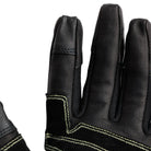Close up of Outdoor Research Ironsight II FR Glove in Black showing Kevlar stitching, reinforced finger construction, and goat leather palm detail, flame resistant tactical duty gloves built for military combat gear, law enforcement operations, and fire resistant shooting use