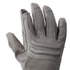 Close up of Outdoor Research Ironsight II FR Glove in Wolf Grey showing flame resistant Nomex knit backhand with Kevlar and carbon fiber blend, padded knuckle protection, and reinforced stitching for military combat gear, law enforcement duty use, and fire resistant shooting applications