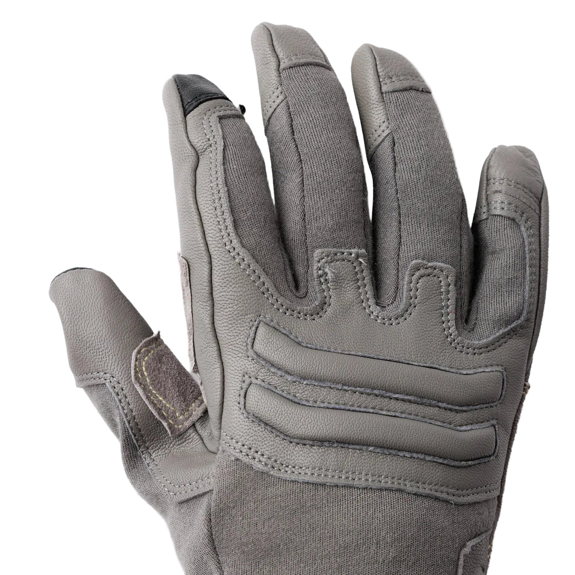 Close up of Outdoor Research Ironsight II FR Glove in Wolf Grey showing flame resistant Nomex knit backhand with Kevlar and carbon fiber blend, padded knuckle protection, and reinforced stitching for military combat gear, law enforcement duty use, and fire resistant shooting applications