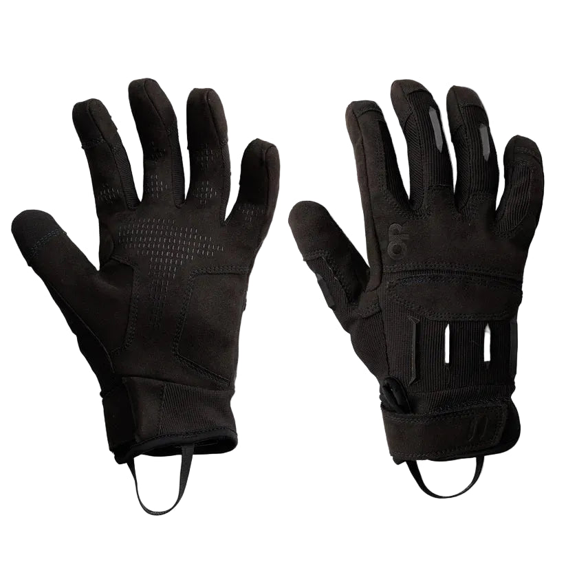 Product shot of the Outdoor Research Ironsight II Glove in Black, showing the breathable knit back, synthetic suede palm, anti-slip silicone grip, and reinforced high-wear zones. Highlights the touchscreen-compatible fingertips, hook-and-loop cuff, and durable construction ideal for users searching for tactical contact gloves, range gloves, EDC work gloves, or lightweight utility gloves built for real-world use.