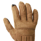 Close-up of the Outdoor Research Ironsight II Glove in Coyote showing the breathable polyester-spandex knit back designed for airflow, flexibility, and all-day comfort. Highlights reinforced stitching and lightweight construction ideal for users searching for ventilated tactical gloves, Coyote range gloves, or durable work gloves built for dexterity and real-world field use.