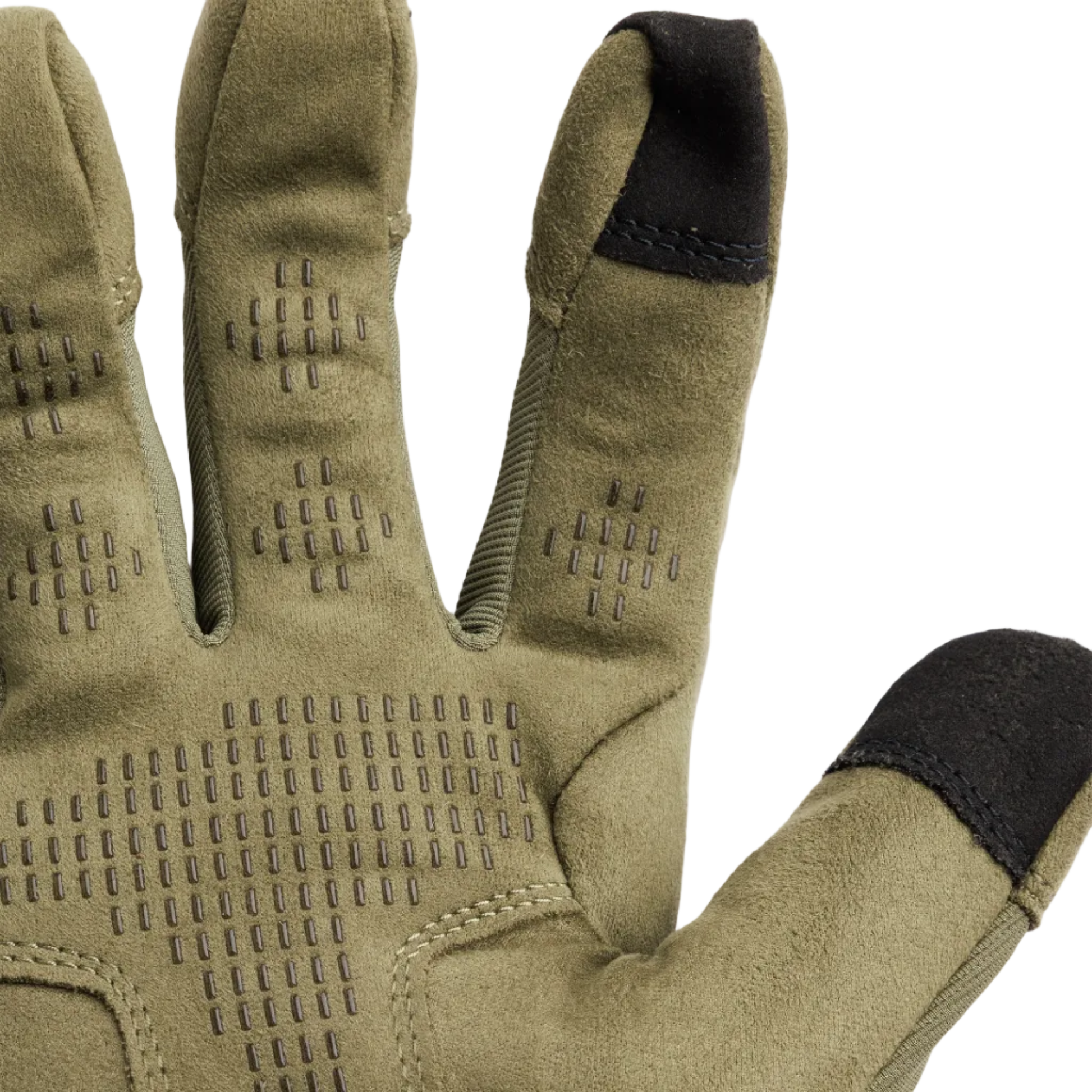 Close-up of the Outdoor Research Ironsight II Glove in Ranger Green showing the synthetic suede palm with anti-slip silicone texturing and reinforced high-wear zones. Highlights the durable, fast-drying contact surface engineered for secure weapon handling, tool control, and high-dexterity field tasks. Ideal for users searching for Ranger Green tactical gloves with enhanced grip, range-ready contact gloves, or durable work gloves built for precision and long-term use.