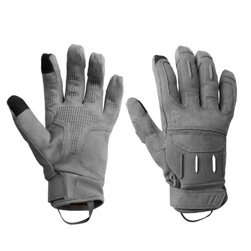Pair of Outdoor Research Ironsight II Gloves in Wolf Grey displayed together, showing the breathable knit back, synthetic suede palms, and reinforced high-wear zones. Designed for tactical shooting, EDC work, range training, and professional field use. SEO optimized for wolf grey tactical gloves, Ironsight II glove pairs, and durable lightweight contact gloves.