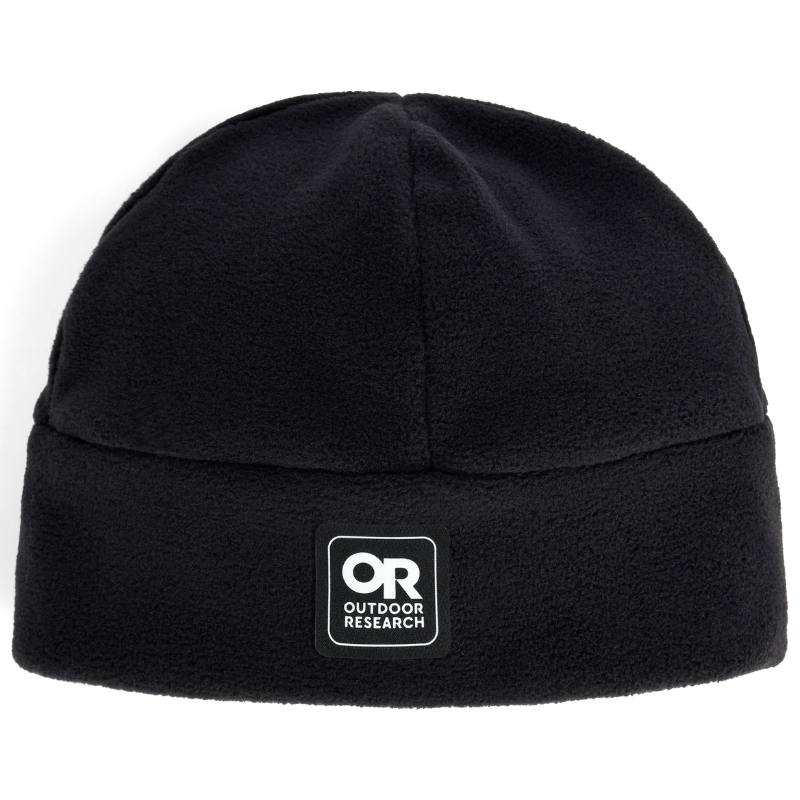 Outdoor Research Polartec 200 Beanie in Black product shot | Lightweight recycled Polartec 200 fleece beanie with moisture wicking quick drying design and helmet compatible low bulk fit — best black fleece beanie for hiking tactical missions and cold weather outdoor performance