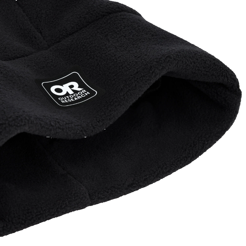 Close up detail of Outdoor Research Polartec 200 Beanie in Black showing recycled Polartec 200 fleece fabric texture | Lightweight breathable quick drying fleece with UPF 50+ sun protection and helmet compatible low bulk design — best fleece fabric beanie for cold weather hiking climbing and tactical use