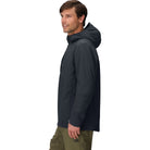 Three-quarter side view of the Outdoor Research Shadow Hybrid Hoodie in black, showing hybrid-mapped insulation and stretch, built as a lightweight tactical hoodie for alpine climbing, fast-paced missions, and stop-and-go cold-weather performance.