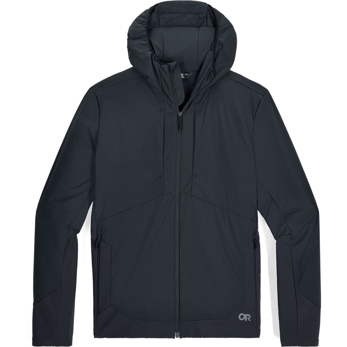 Product shot of the Outdoor Research Shadow Hybrid Hoodie in black, featuring VerticalX™ ECO insulated chest and hood with breathable stretch panels, designed as a hybrid tactical hoodie for alpine climbing, rucking, and cold-weather military missions.