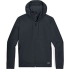 Product shot of the Outdoor Research Shadow Hybrid Hoodie in black, featuring VerticalX™ ECO insulated chest and hood with breathable stretch panels, designed as a hybrid tactical hoodie for alpine climbing, rucking, and cold-weather military missions.