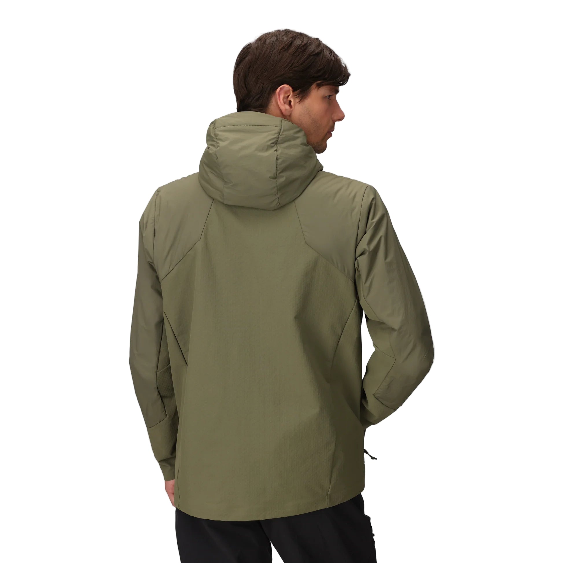 Back view of the Outdoor Research Shadow Hybrid Hoodie in Ranger Green, highlighting uninsulated stretch back panels for breathability, moisture control, and mobility during alpine climbing, rucking, and active cold-weather training.